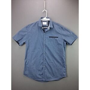 Craft + Flow Button Up Shirt Large Blue Short Sleeve Geometric Trim Casual L